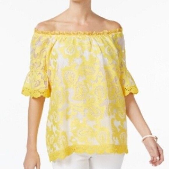 Charter Club yellow lace overlay off shoulder blouse size small I3 - Picture 1 of 9